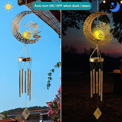 Solar Wind Chimes Moon Fairy Hanging Outdoor Decor Crackle Glass Ball Warm Memorial Wind Chimes Light Patio Lawn Yard Gardening Gifts Birthday Gifts for mom for Grandma Gifts Christmas Decorations