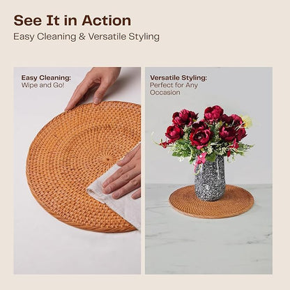 2-Pack Rattan Placemats - 13-inch Round Placemats (Honey Brown) - Woven Place Mats, Round Table Mats - Wicker Chargers for Dinner Plates, Plate Chargers Boho - Rattan Decor, Kitchen Table Decor