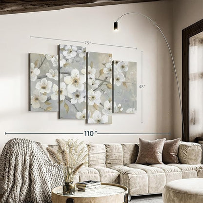 ElephantStock Golden Garden Wall Art - Horizontal Canvas - 4-Piece Living Room Wall Decor - Leaves Painting Canvas Print - Gray and Beige Decor for Wall by Nan - 75" X 48"