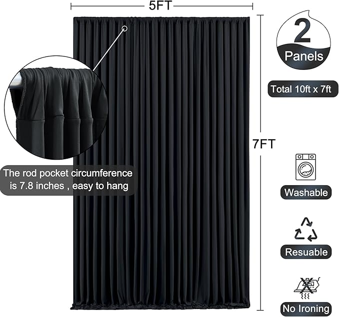 Black Backdrop Curtain for Parties Wrinkle Free Black Photo Curtains Backdrop Drapes Fabric Decoration for Birthday Party Wedding 5ft x 7ft,2 Panels
