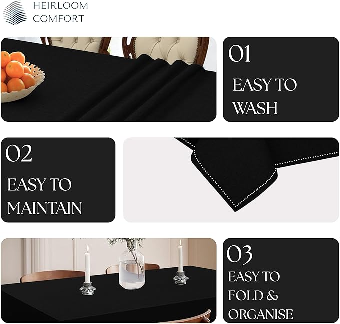 Black Cotton Table Cloth, 60x86 Inch, Fits 6-8 Seats, Soft, Durable, Washable, Wrinkle Resistant, Rectangle Tablecloth for Dining, Formal Dinner, Party Decor, Events, All Seasons