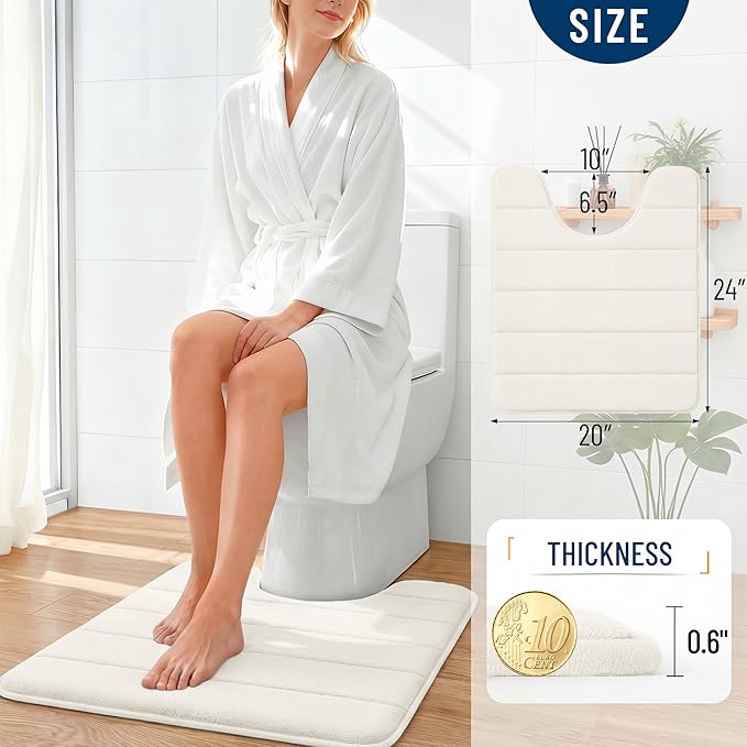 OLANLY Memory Foam Toilet Rugs U Shaped 24x20, Super Soft Absorbent Contour Bath Rugs, Quick Dry, Machine Washable Toilet Mat, Bathmat Floor Carpet, Bathroom Home Decor Accessories, Ivory