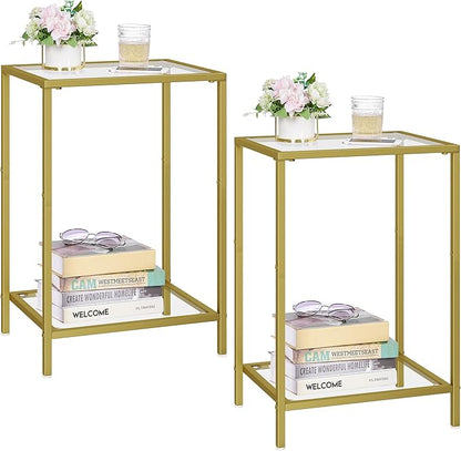 Side Tables Set of 2, End Tables with Tempered Glass, 2-Tier Nightstands with Storage Shelves, Coffee Table with Modern Style, Slim Sofa Table for Living Room, Bedroom, 11.8" D x 15" W, Gold