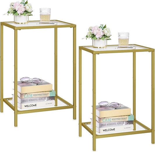 Side Tables Set of 2, End Tables with Tempered Glass, 2-Tier Nightstands with Storage Shelves, Coffee Table with Modern Style, Slim Sofa Table for Living Room, Bedroom, 11.8" D x 15" W, Gold