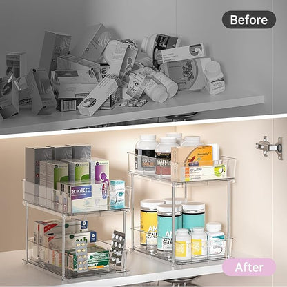 Delamu 2 Tier Snap-Lock Bathroom Under Sink Organizers and Storage, Multi-Purpose Cabinet Drawers with Movable Dividers, Pull Out Organization for Countertop, Kitchen and Pantry(Clear, 2 Pack)