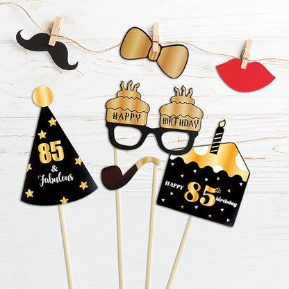 LINGTEER Happy 85th Birthday Party Photo Booth Props,Cheers to 85th Birthday 85th Years Old Bday Party Centerpieces Props Decorations Sign.