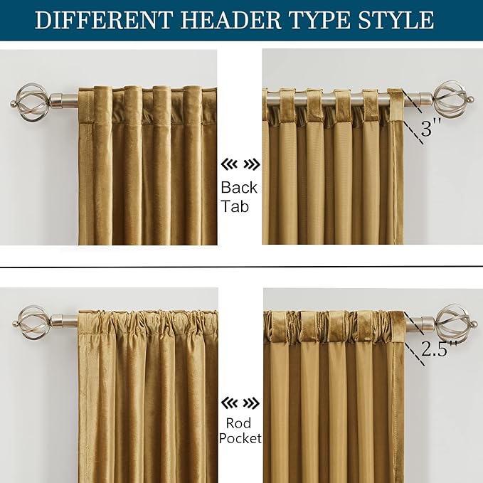 PRIMROSE Golden Velvet Curtains 120 inch Long for Living Room,Set of 2 Panels Blackout Rod Pocket Back Tab Window Treatment Room Darkening Heavy Decorative Curtains Drapes for Bedroom