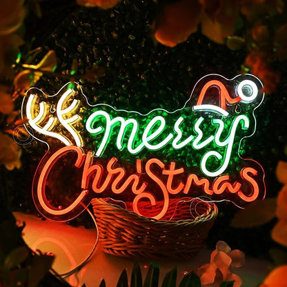 SYLHOME Merry Christmas Led Neon Light Sign Santa Hat Christmas Tree Party Home Bedroom Wall Sign Decor Backdrop Xmas 15.75" X 9.8" USB Colorful