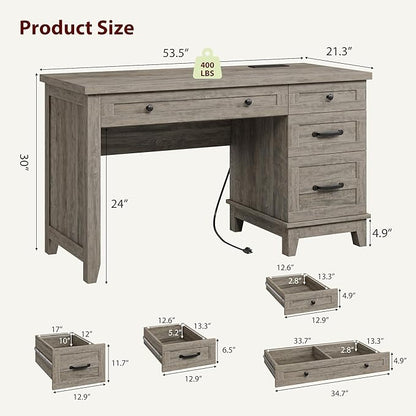GarveeHome Farmhouse Executive Desk with Drawers, 53.54 in Home Office Desk with Charging Station, Wooden Computer Desk with File Cabinet Storage for Work Study Writing, Rustic Gray