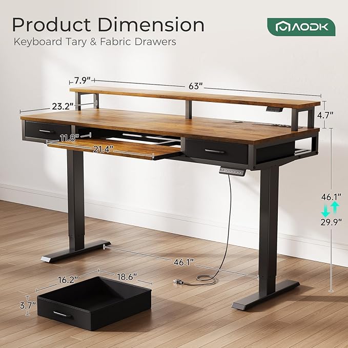 AODK Electric Standing Desk with Drawers & Keyboard Tray, 63 Inch Height Adjustable Gaming Desk with Power Outlets & LED Lights, Sit Stand Table with Monitor Stand for Home, Office, Rustic Brown