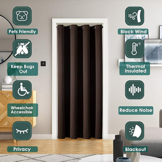 ChrisDowa Blackout Door Curtains for Doorway Privacy, Grommet Closet Curtains for Bedroom Closet Door, Thermal Insulated Temporary Doorway Cover Room Divider Drapes (1 Panel, Brown, 34 x 80 Inch)