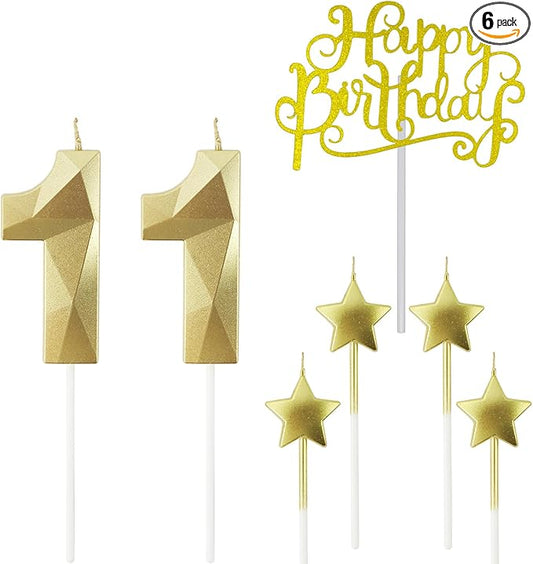Golden Number 11 Birthday Candles and Star Birthday Candles 2.76 inch Birthday Cake Candles 3D Diamond Shaped Candles are Suitable for Birthday Parties and Anniversary Cake Decorations Candles