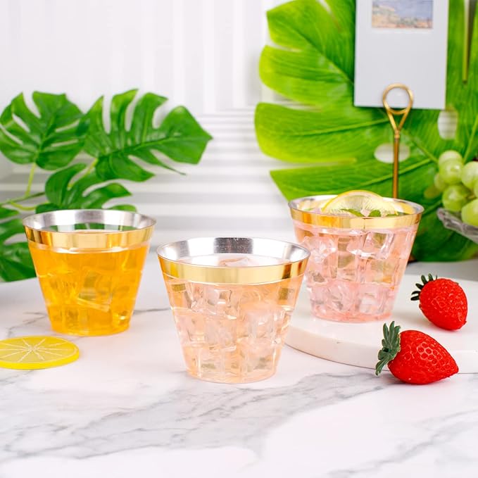 WELLIFE 120 PCS Gold Plastic Cups,9 oz Clear Plastic Cups,Disposable Wine Glasses for Party and Christmas