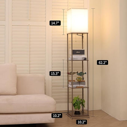 Floor Lamp with Shelves, Modern Square Standing Lamp with 3 Color Temperature Bulb, Corner Display Bookshelf Lamp for Living Room, Bedroom and Office （Grey）