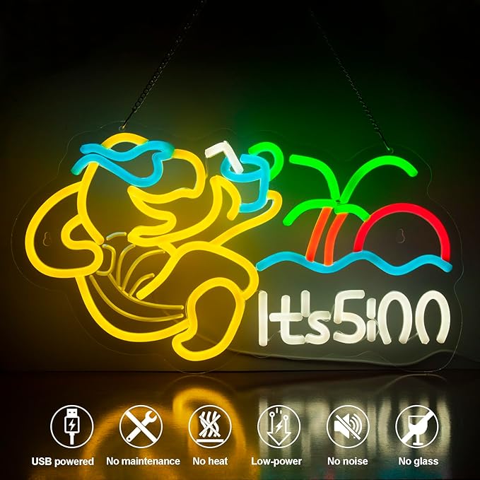 Turtle Have A Drink Neon Signs for Wall Decor, Its 5 00 O'clock Led Neon Light,Dimmable,USB Powered, Five Oclock for Bar Beer Pub Man Cave Garage