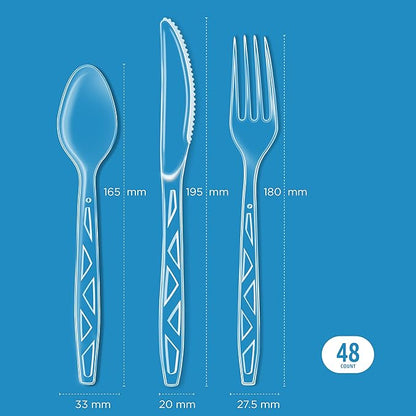 Amazon Basics Disposable Clear Plastic Cutlery, Premium Quality, 48 Count, Combo Pack: 16 Forks, 16 Spoons and 16 Knives
