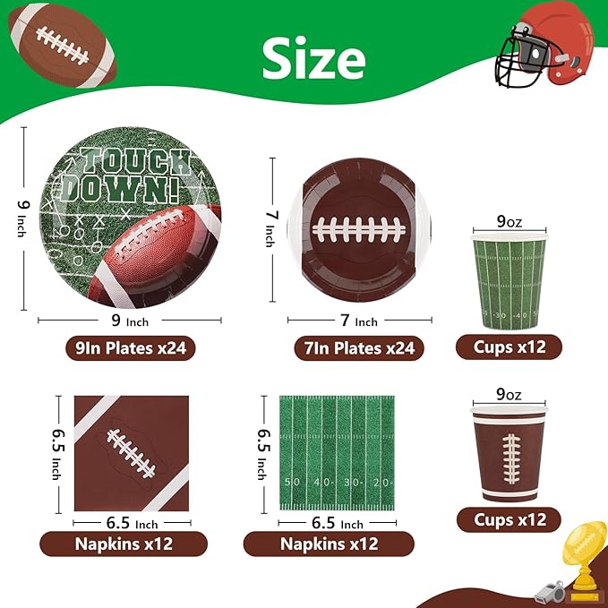 Football Party Supplies Set for 24-Disposable Paper Plates and Napkins, Cups, Touchdown Football Tableware Party Decorations for Birthday Themed Game Day Tailgate Table Decor