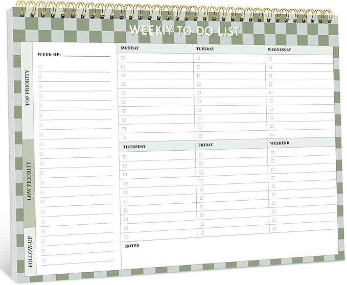 Taja Weekly To Do List Notepad with 52 Undated Sheets（8.5"×11"）- Weekly Desk Planner for Women & Man, Work and Home - 1 Pack Mint Checkered