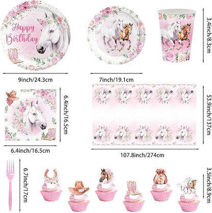 154PCS Pink Western Horse Party Decorations, Cowgirl Horse Party Supplies Plates and Napkins Set, Tableware,Banner, Hanging Swirls, Tablecloth, Balloon,Cake Cupcake Topper,Honeycomb Centerpiece