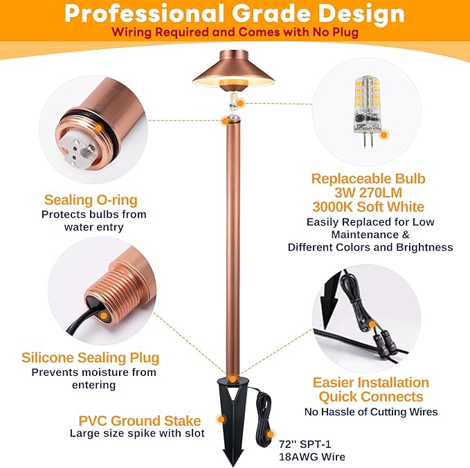 Gardenreet Low Voltage Landscape Lighting Brass, 12v Pathway Lights Waterproof, Hard Wired Path Light Outdoor, Mushroom Copper for Exterior Area Patio House with 3W 270LM 3000K G4 Bulb (6 Pack)