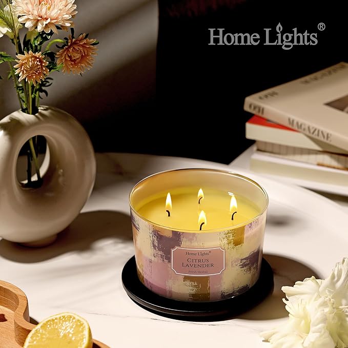 HomeLights Citrus Lavender Scented Candles | 18oz Soy Candles Scandinavian Minimalist Design 4-Wick Large Candle Jars | Ideal Candle Gifts for Events, Home Decor Stress, Relief & Relaxation
