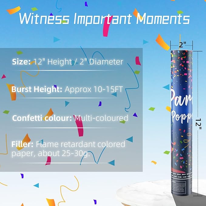 Confetti Cannon Party Popper 12Pack Biodegradable Confetti Popper Cannons 12Inch Multicolor Confetti Shooters for Wedding Graduation Birthday 4th of July New Year Christmas Party Supply Celebration
