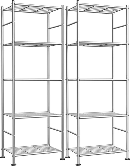 Storage Shelves - Set of 2, 5-Tier Metal Shelf Organizer, Space-Saving Garage Shelving with Leveling Feet, Standing Shelves Organizer for Kitchen, Laundry, Pantry (18.4"x12.6"x57.4", Silver)