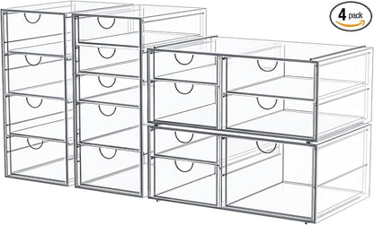 Makeup Organizer Storage with 16 Drawers, 4 Pcs Desktop Office Supplies, Desk Organizers, Clear Accessories, Dustproof Storage Drawer and for Make Up, Jewelry, Pen, Stationary