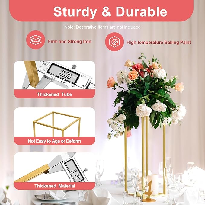 10 Pcs Gold Flower Stands 23.6 Inch Tall, Metal Geometric Floral Display Racks for Wedding Table Centerpieces Decorations, Modern Rectangle Flower Column for Party Event Reception