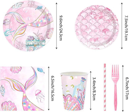 175PCS Mermaid Party Decorations, Mermaid Theme Party Supplies Plates and Napkins Set, Tableware,Banner, Hanging Swirls, Tablecloth, Balloon,Cake Cupcake Topper,Honeycomb Centerpiece Baby Shower
