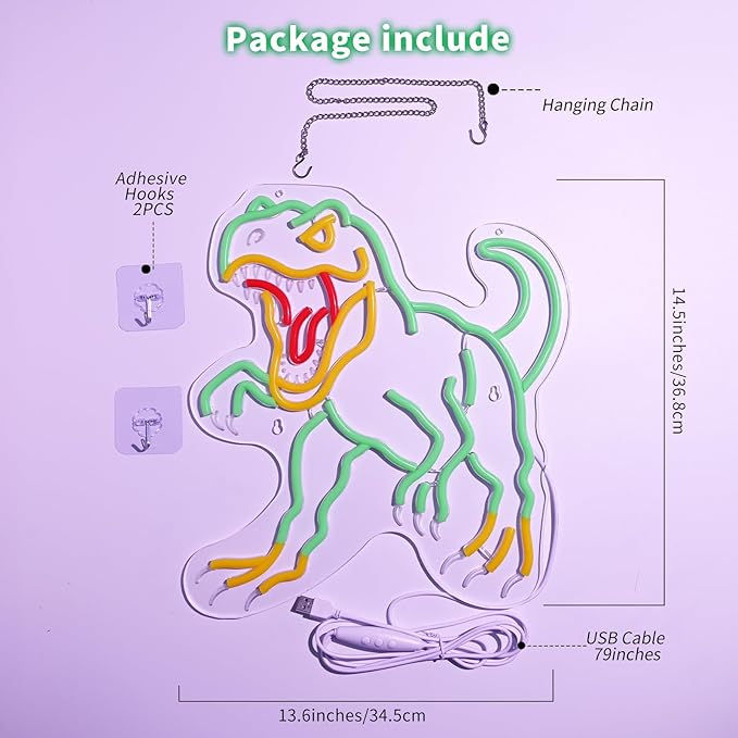Dinosaur Neon Wall Sign - Green T-Rex LED Light for Jurassic Party, Boys Bedroom, Halloween Decor, Spooky Gift for Teens, 14.5x13.6" USB Powered