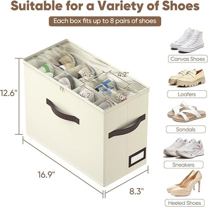 OIAHOMY 2 Pack Shoe Organizer for Closet, Foldable Shoe Storage Bins with Adjustable Dividers, Stackable Oxford Cloth Sneaker Boxes for Entryway Bedroom, Fits Up to 16 Pairs, Beige