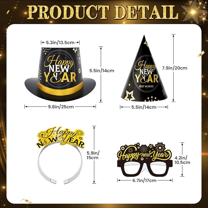 48PCS New Years Eve Party Supplies 2026 for 24 Guests, Happy New Years Decorations Party Favors Includes Top Hats, Tiaras, Glasses Accessories for Adults Kids Nye Decorations 2026