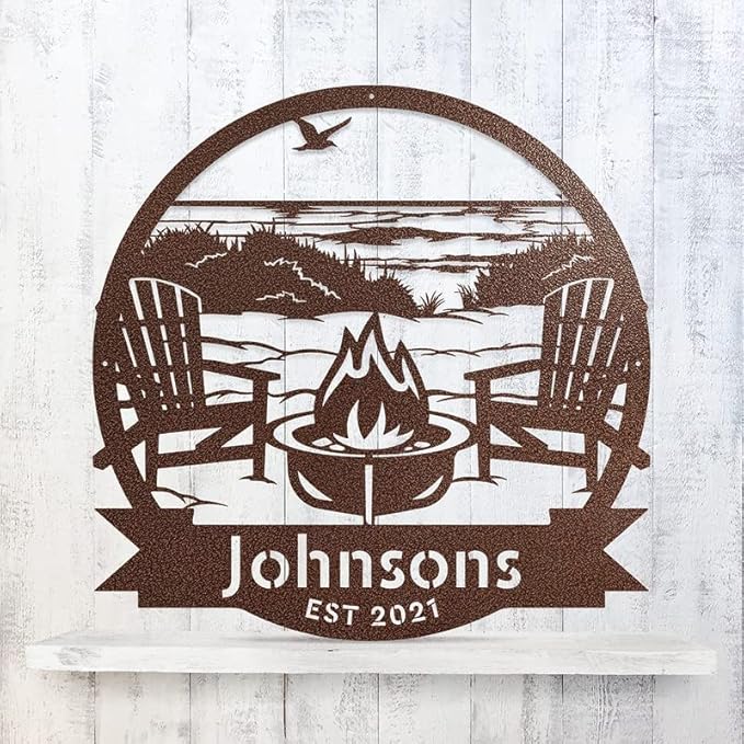 RealSteel - Beach Campfire Monogram, Custom Home & Wall Décor, Personalized Sign, Outdoor Campsite, for Backyards, Deer Leases, Campgrounds, and Fire Pit area