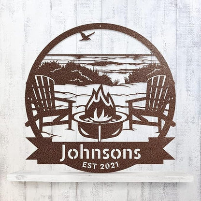 RealSteel - Beach Campfire Monogram, Custom Home & Wall Décor, Personalized Sign, Outdoor Campsite, for Backyards, Deer Leases, Campgrounds, and Fire Pit area