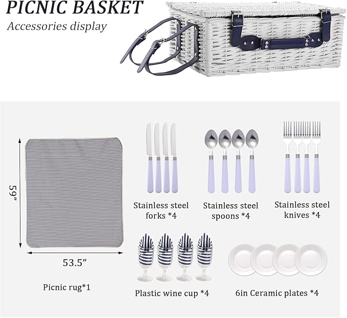 Picnic Basket for 4 Persons with Waterproof Picnic Blanket and Insulated Cooler, Large Wicker Picnic Basket for Camping, Outdoors, Valentine's Day, Christmas, Birthday, Wedding Gift