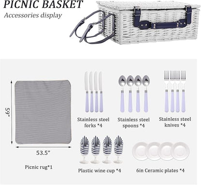 Picnic Basket for 4 Persons with Waterproof Picnic Blanket and Insulated Cooler, Large Wicker Picnic Basket for Camping, Outdoors, Valentine's Day, Christmas, Birthday, Wedding Gift