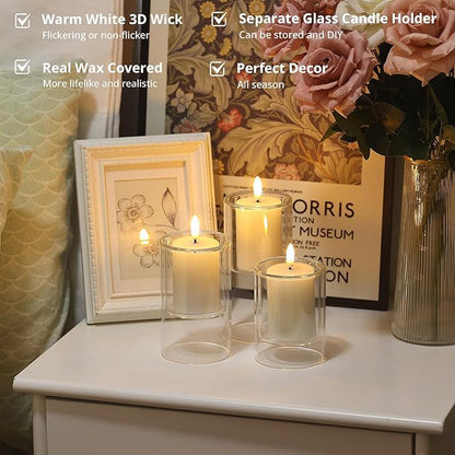 NURADA Flameless Candles with Remote Timer - Glass Real Wax 3D Wick LED Pillar Votive Candle Set Battery Operated Flickering Light for Home Christmas Decoration - White 3 Pack