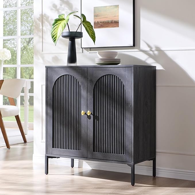 Modern Buffet Cabinet with Storage, 34" Tall Fluted Arched Sideboard Cabinet w/Adjustable Shelves, Wooden Modular Coffee Bar for Dining Room, Kitchen, Living Room, Entryway, Dark Grey
