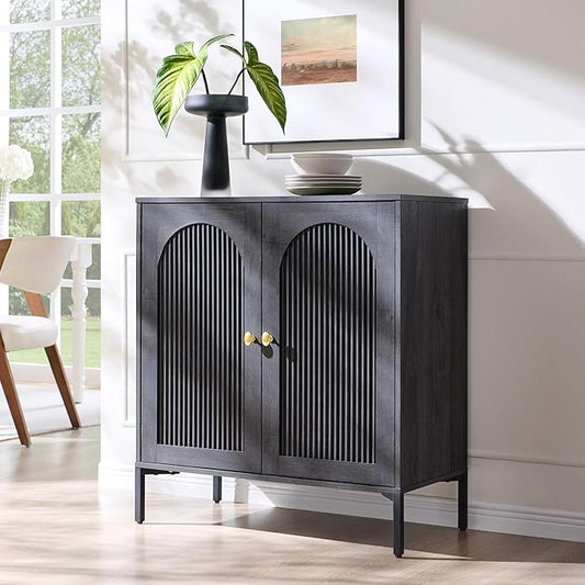 Modern Buffet Cabinet with Storage, 34" Tall Fluted Arched Sideboard Cabinet w/Adjustable Shelves, Wooden Modular Coffee Bar for Dining Room, Kitchen, Living Room, Entryway, Dark Grey