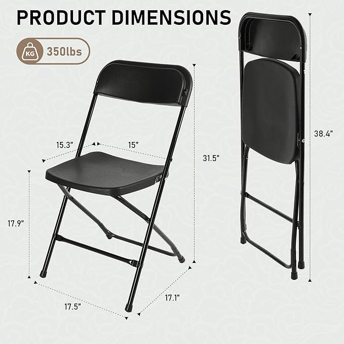 SEALAMB Plastic Folding Chairs 10 Pack, Black Commercial Portable Indoor/Outdoor Chairs for Home Office, Wedding, Events Parties with Steel Frame, 350lbs Capacity (Black-Plastic, 10 Pack)
