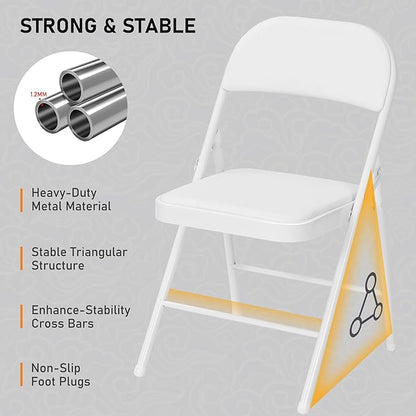 SEALAMB 4 Pack White Folding Chairs with Padded Seats & Cushion, Durable Metal Foldable Chairs for Wedding Party, Commercial Chairs for Office School Church Events, 330lb Capacity (White-PU, 4 Pack)