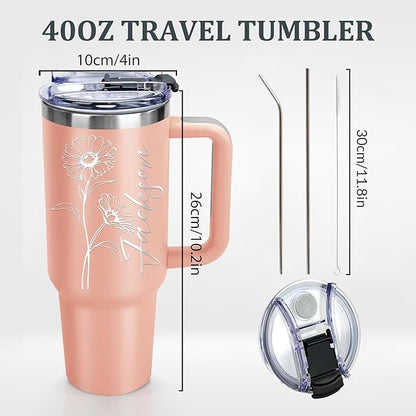 Personalized 40 Oz Tumbler with Handle Made in USA Custom Tumbler with Name & Birth Flower Month, Stainless Steel Travel Coffee Mug Cup, Birthday Gifts Personalized Gifts for Women Men