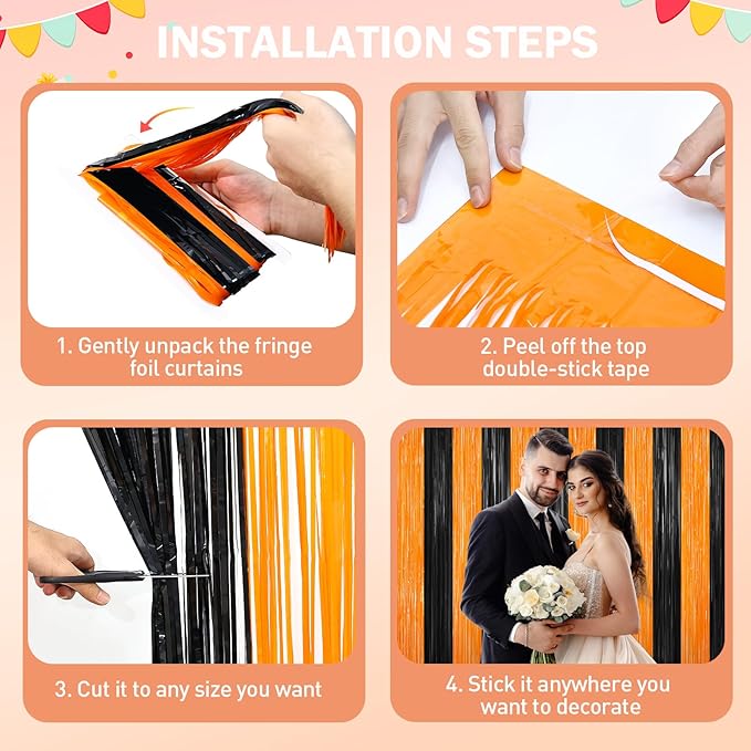 Black and Orange Tinsel Backdrop Foil Fringe Curtains - 2 Packs Door Streamers Backdrop for Birthday Door Decorations, Party Supplies for Bachelorette, Halloween, Christmas, Disco Decor
