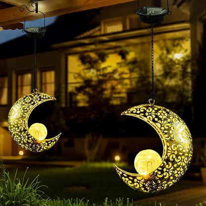 Solar Garden Hanging Moon Lights Outdoor Decor,Metal Lanterns Art Decorations for Outside Yard Lawn Patio Wall Fences Driveway Trail,Unique Housewarming Gardening Gifts for Women Mom