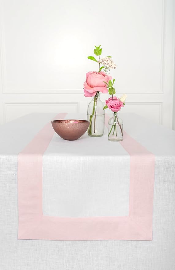 Solino Home Linen Table Runner 48 Inches - 100% Pure Linen Blush Pink and White Table Runner 14 x 48 Inch Ideal for Dresser and Coffee Tables - Contempo