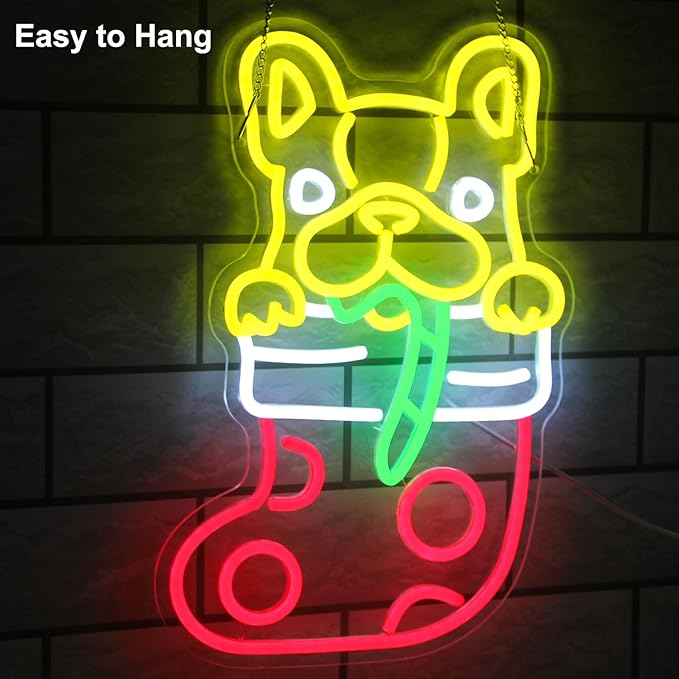 Christmas Stocking Dog Neon Sign Dimmable French Bulldog Neon Light Candy Cane LED Sign for Wall Cute Animal Neon Lights Signs for Bedroom Restaurant Pet Shop Party Christmas Decor