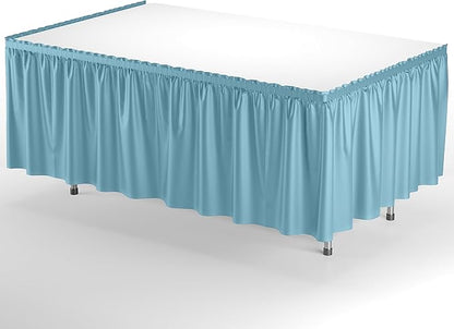 Exquisite Ruffle Table Skirt Light Blue 48 Pack 14 Ft Long Table Skirts for Rectangle Tables 6ft Plus or Round Tables Skirts with Adhesive Strip for Gender Reveal Decor & Happy Birthday Parties