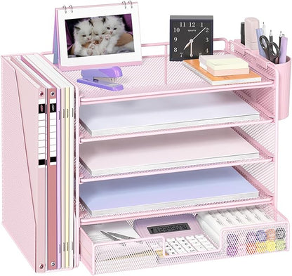 OPNICE Desk Organizer, 5-Tier Paper File Organizer with Drawer & Pen Holder, Office Desk Accessories, Workspace Desktop Organizer for Office Supplies(Pink)