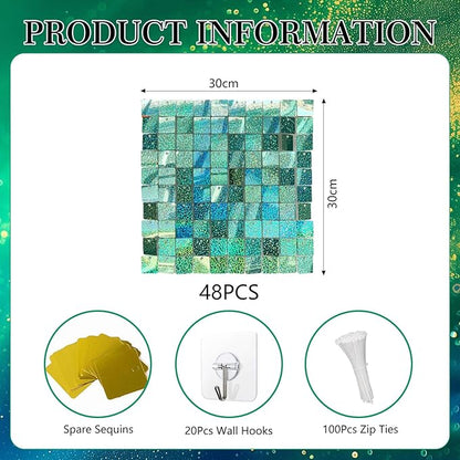 48 PCS Light Green Shimmer Wall Backdrop, Laser Square Sequin Photo Backdrops Panel, Glitter Wall Background for Birthdays, Weddings, Engagements, Jungle Hawaiian Party Decoration (6x8FT)